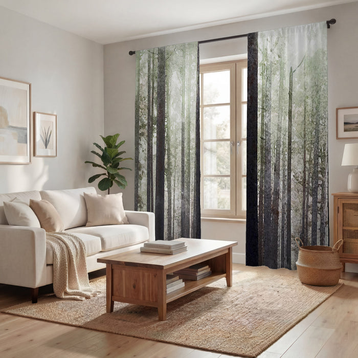 Green Misty Forest Landscape Artwork Window Curtains