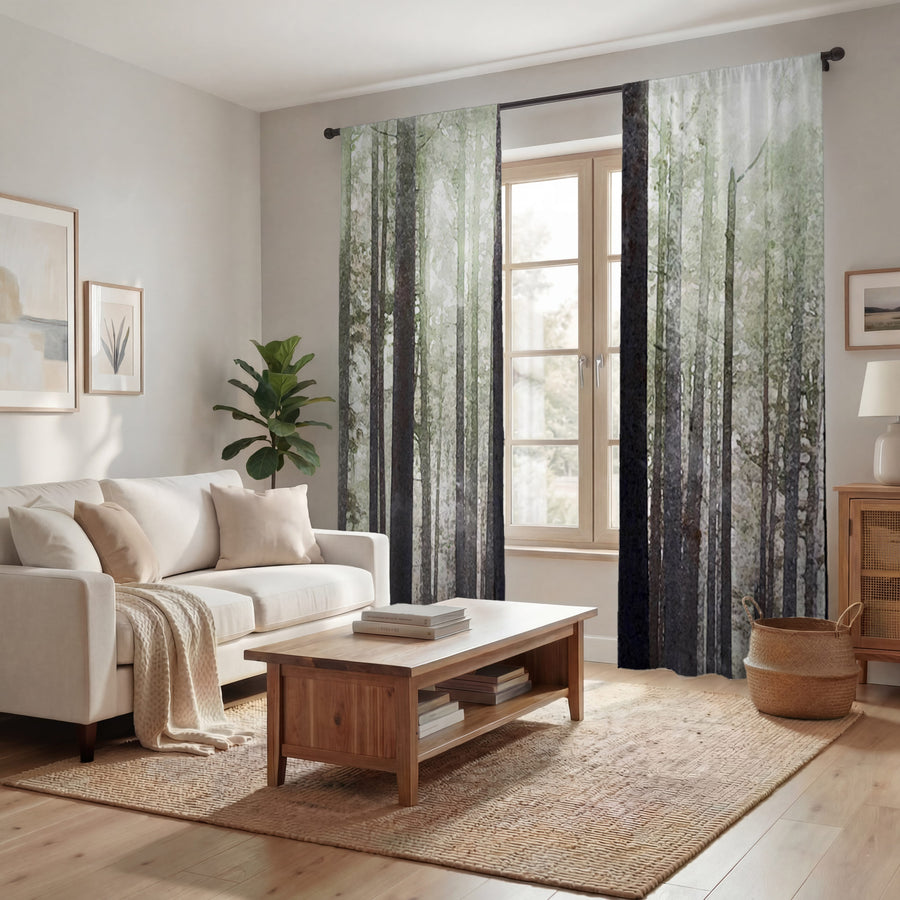 Green Misty Forest Landscape Artwork Window Curtains