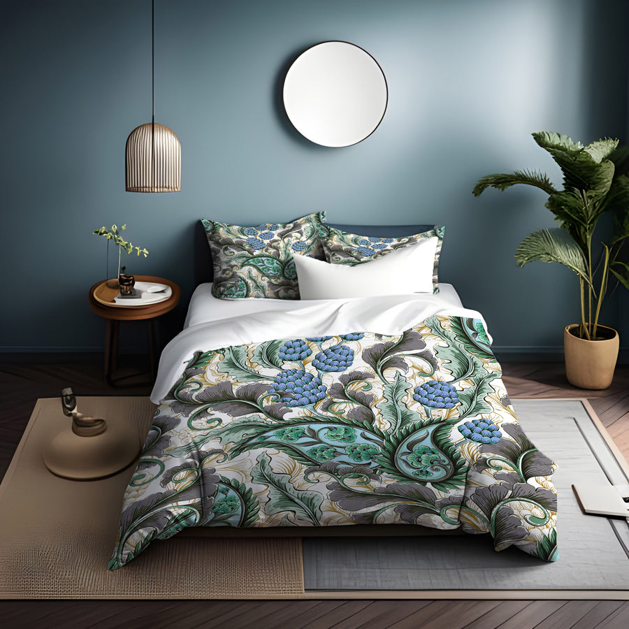 Blue and Green Botanical Vine Pattern Duvet Cover