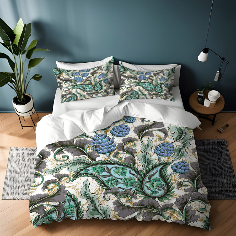 Blue and Green Botanical Vine Pattern Duvet Cover