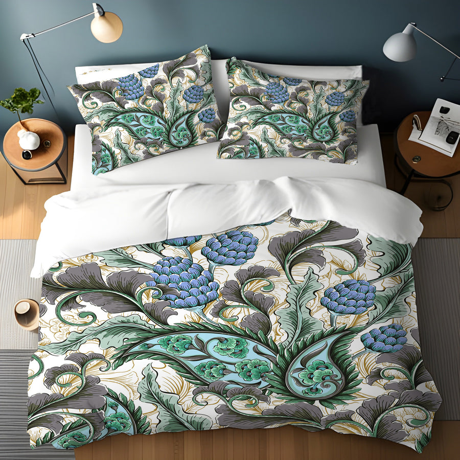 Blue and Green Botanical Vine Pattern Duvet Cover