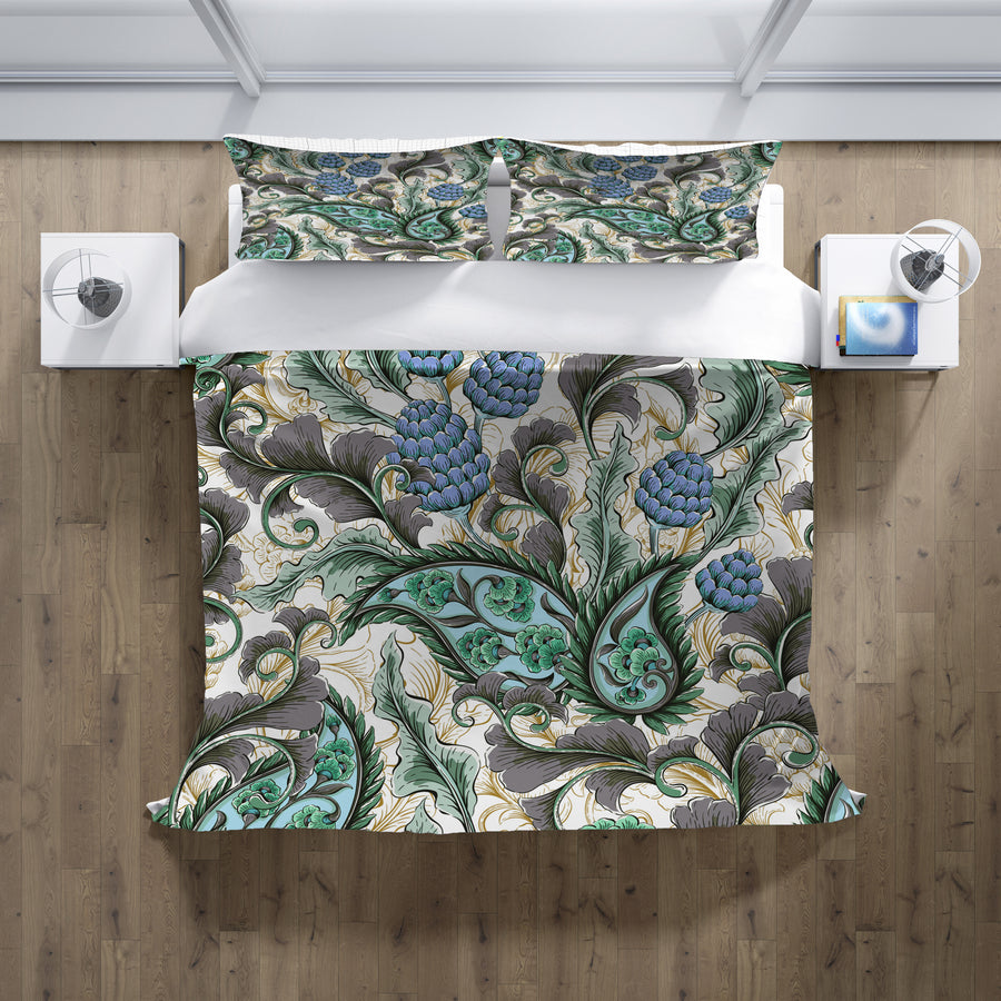 Blue and Green Botanical Vine Pattern Duvet Cover