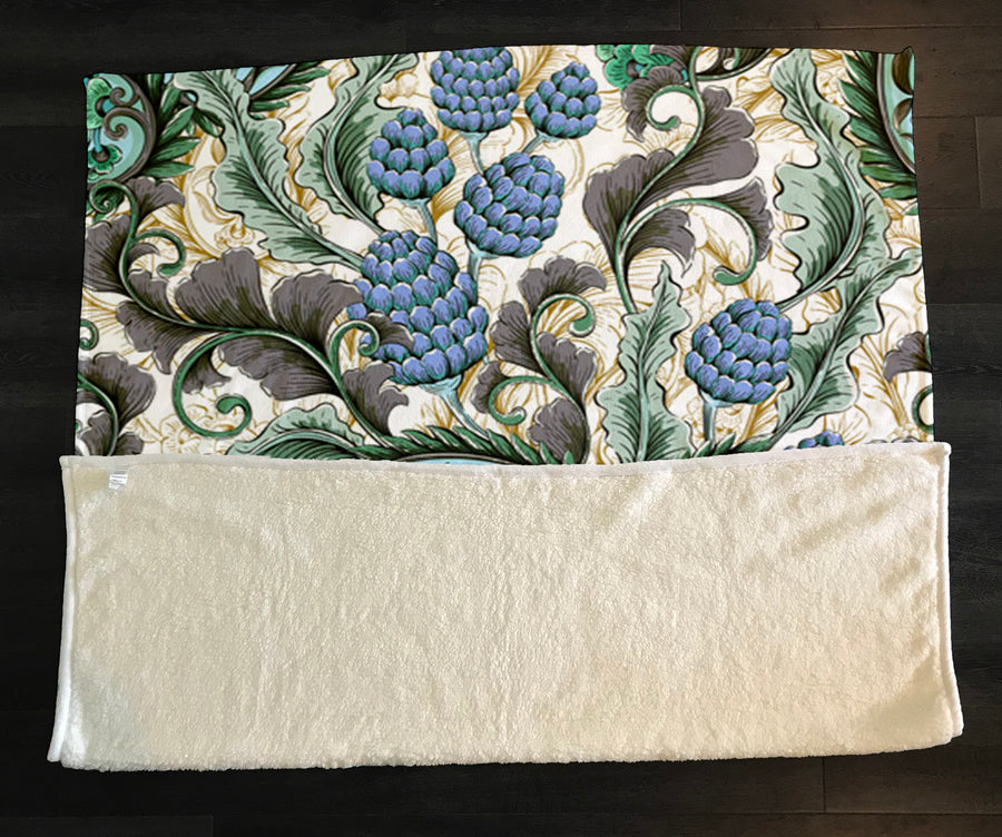 Blue and Green Botanical Vine Pattern Fleece Sherpa Blanket
