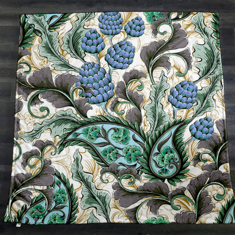 Blue and Green Botanical Vine Pattern Fleece Sherpa Blanket