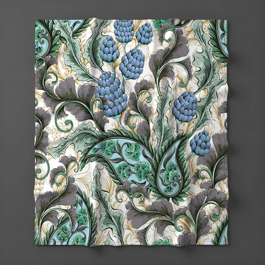 Blue and Green Botanical Vine Pattern Fleece Sherpa Blanket