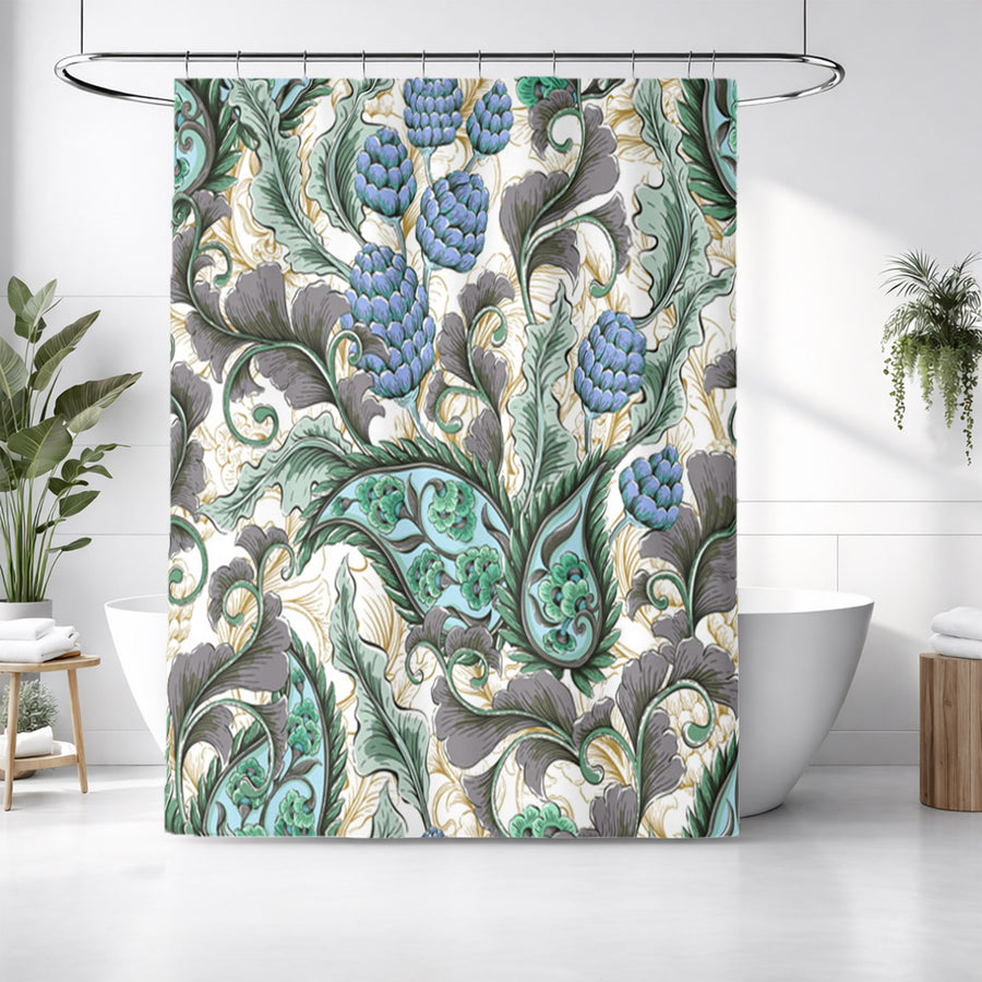 Blue and Green Botanical Vine Pattern Shower Curtain