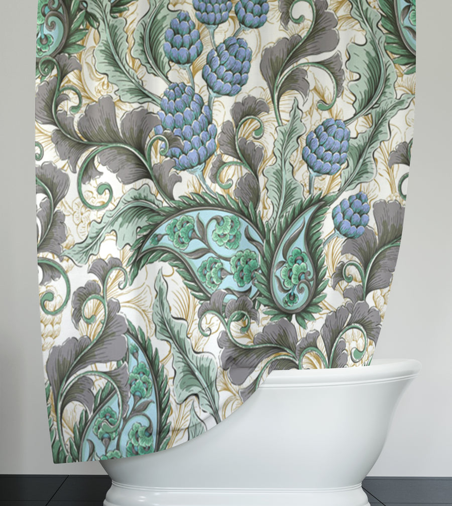 Blue and Green Botanical Vine Pattern Shower Curtain