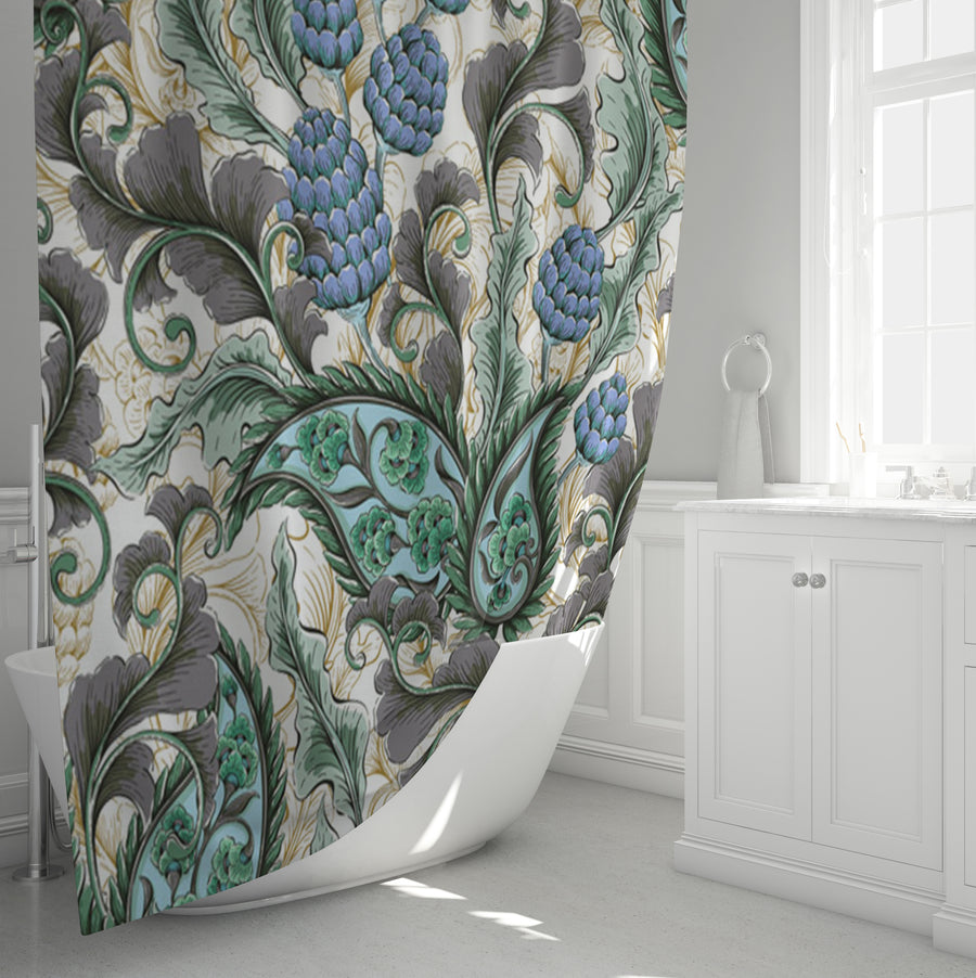 Blue and Green Botanical Vine Pattern Shower Curtain
