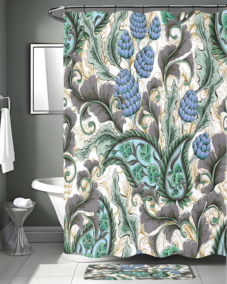 Blue and Green Botanical Vine Pattern Shower Curtain