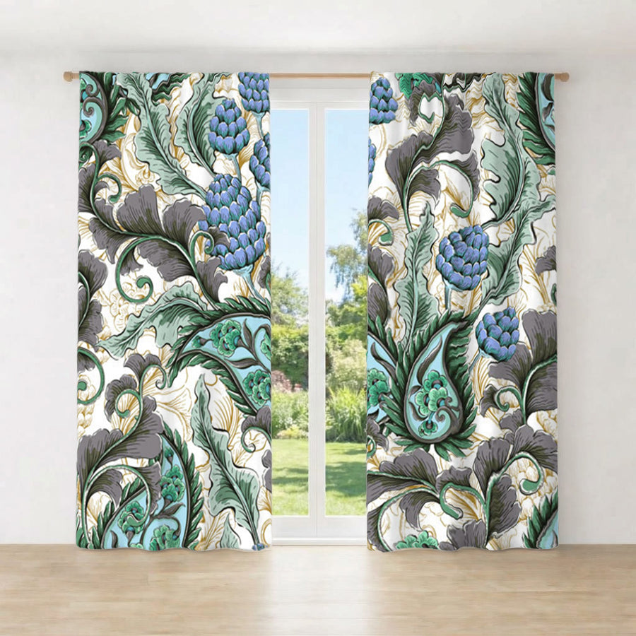 Blue and Green Botanical Vine Pattern Window Curtains