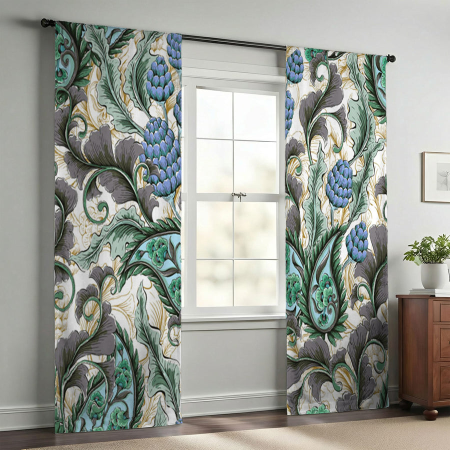 Blue and Green Botanical Vine Pattern Window Curtains