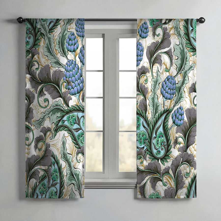 Blue and Green Botanical Vine Pattern Window Curtains