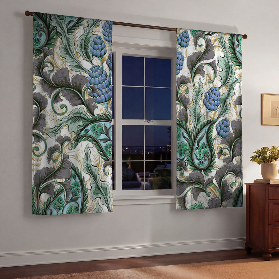 Blue and Green Botanical Vine Pattern Window Curtains