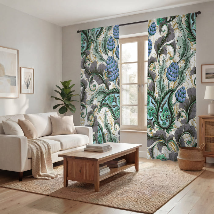 Blue and Green Botanical Vine Pattern Window Curtains