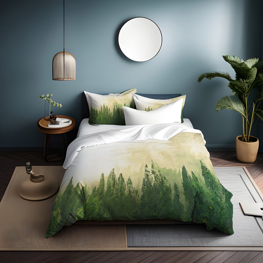 Green Pine Forest Watercolor Landscape Duvet Cover