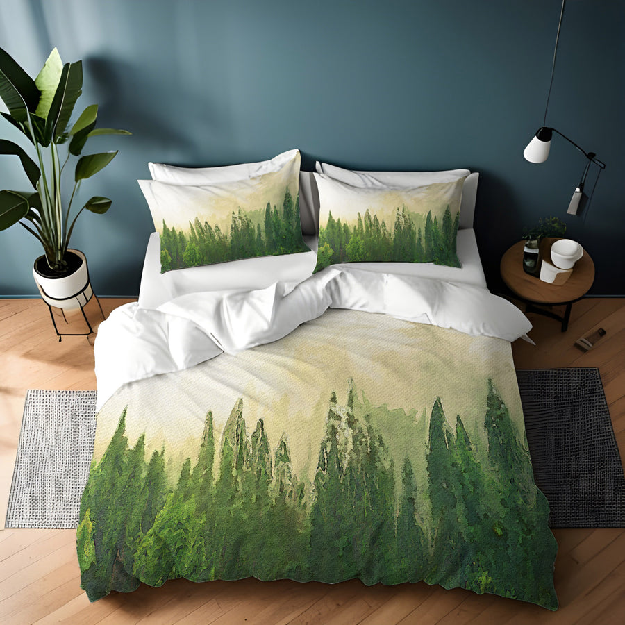 Green Pine Forest Watercolor Landscape Duvet Cover