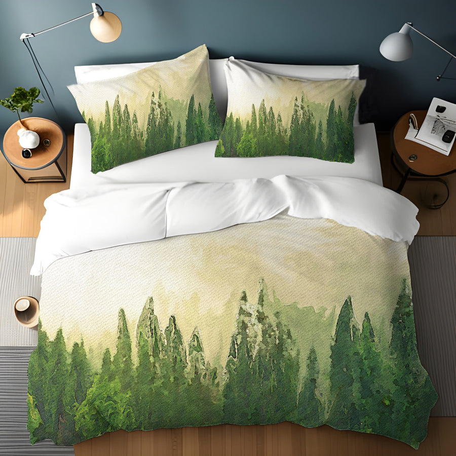 Green Pine Forest Watercolor Landscape Duvet Cover