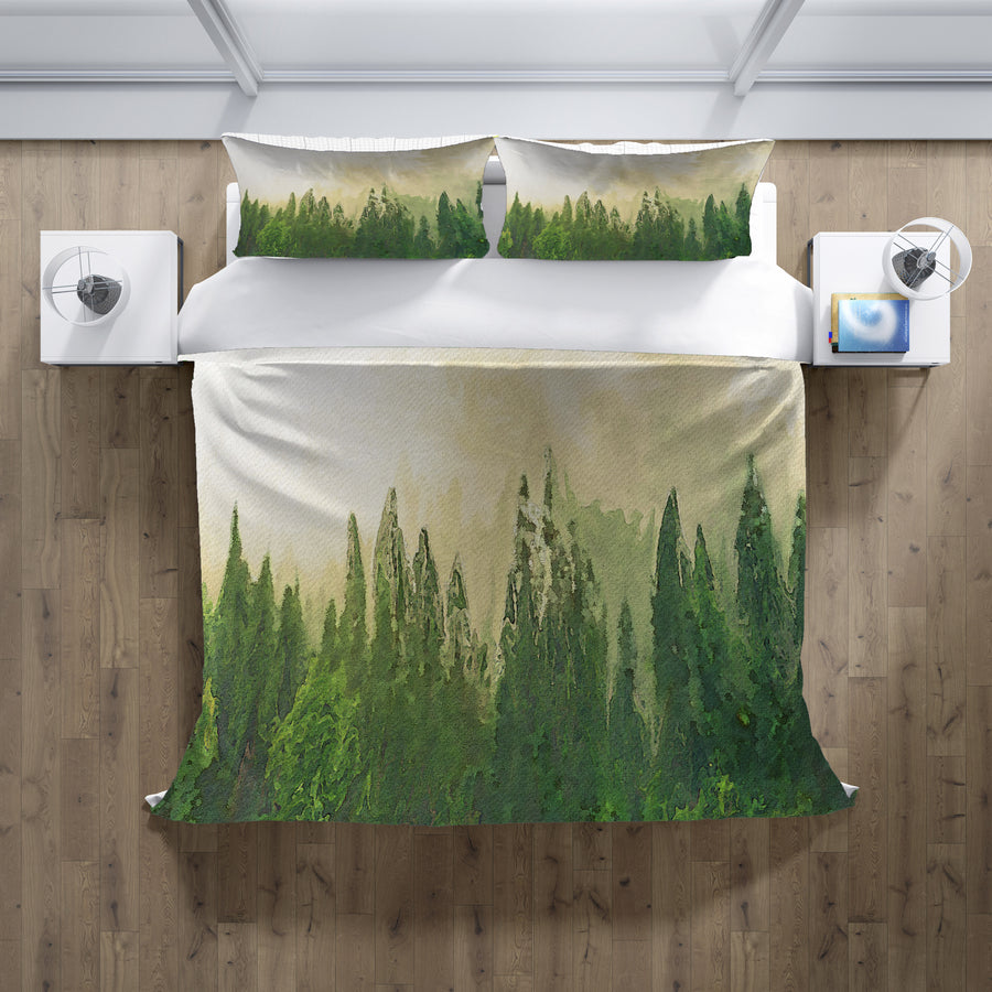 Green Pine Forest Watercolor Landscape Duvet Cover