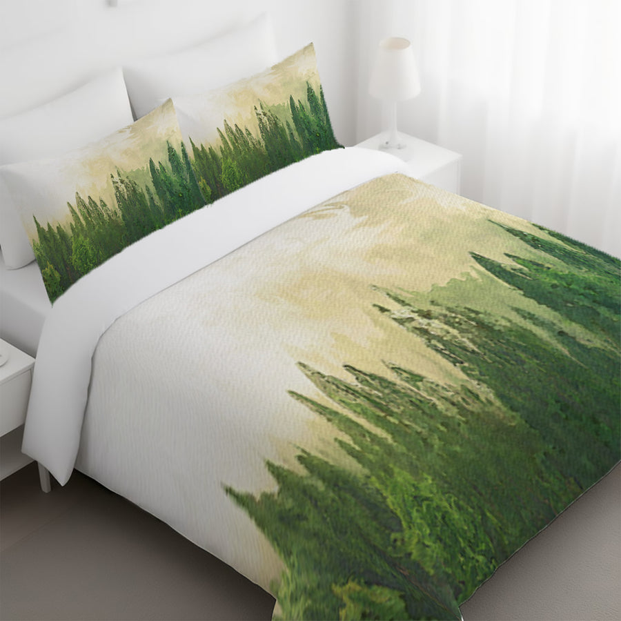 Green Pine Forest Watercolor Landscape Duvet Cover