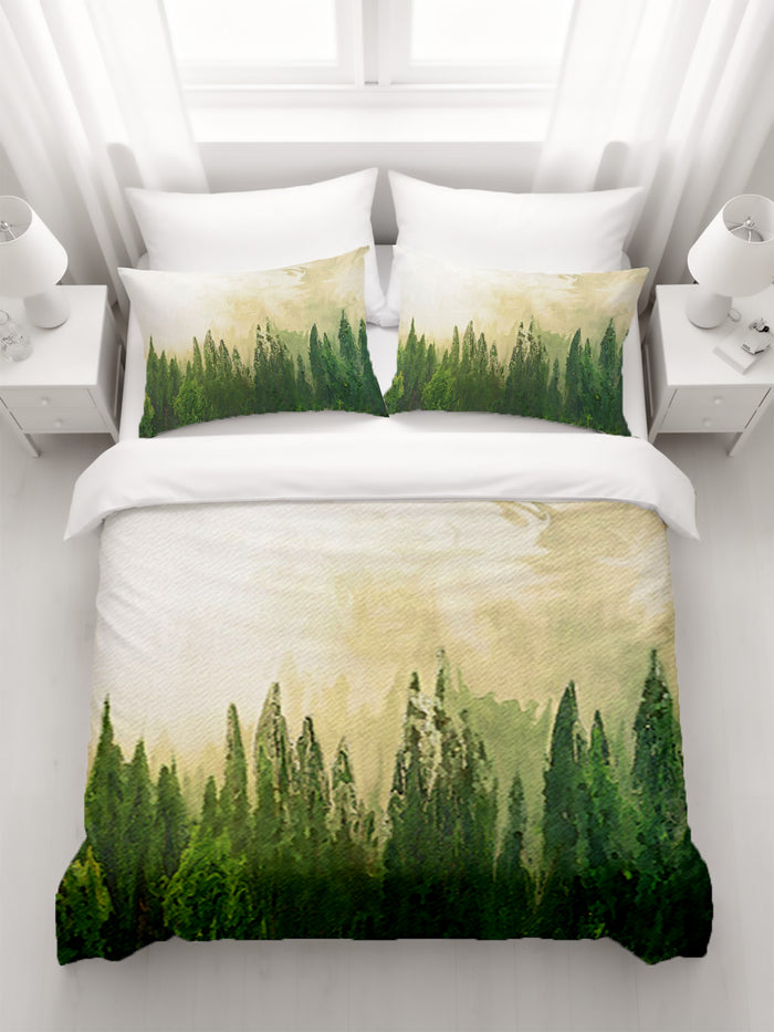Green Pine Forest Watercolor Landscape Duvet Cover
