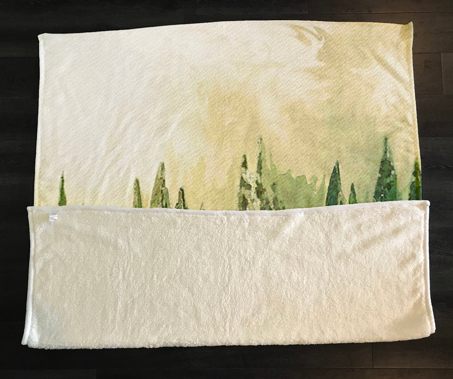 Green Pine Forest Watercolor Landscape Fleece Sherpa Blanket