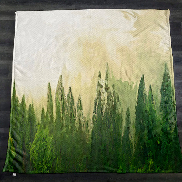 Green Pine Forest Watercolor Landscape Fleece Sherpa Blanket