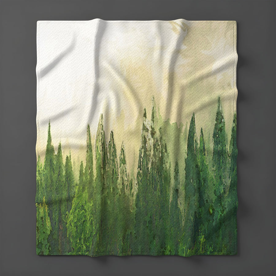 Green Pine Forest Watercolor Landscape Fleece Sherpa Blanket