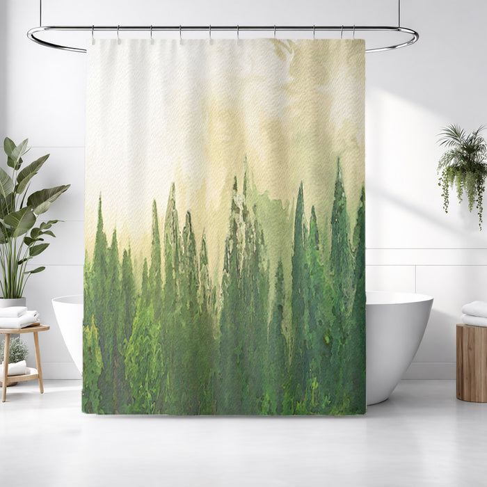 Green Pine Forest Watercolor Landscape Shower Curtain