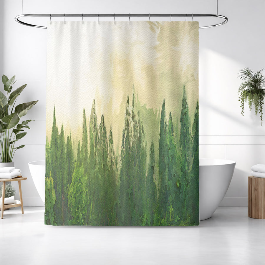Green Pine Forest Watercolor Landscape Shower Curtain