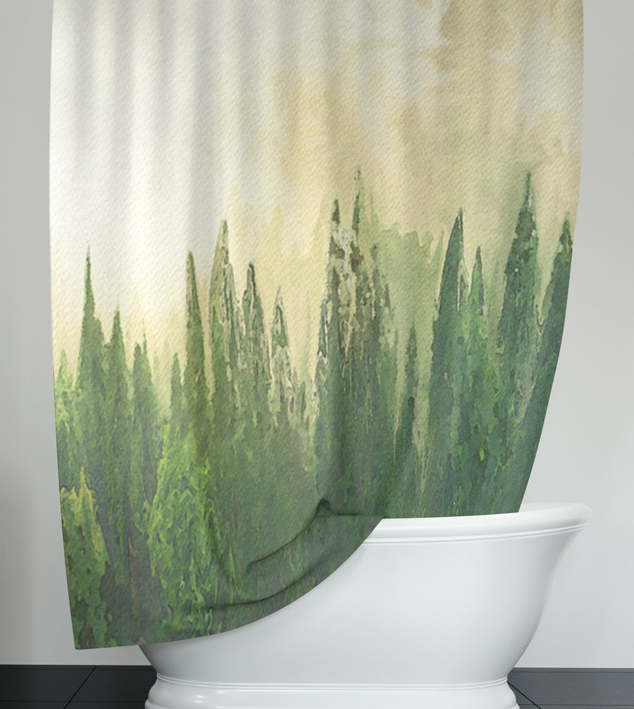 Green Pine Forest Watercolor Landscape Shower Curtain