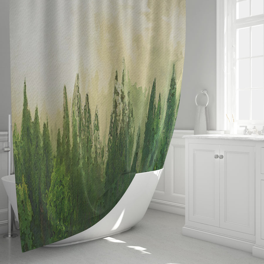 Green Pine Forest Watercolor Landscape Shower Curtain