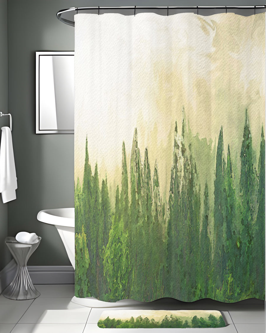 Green Pine Forest Watercolor Landscape Shower Curtain