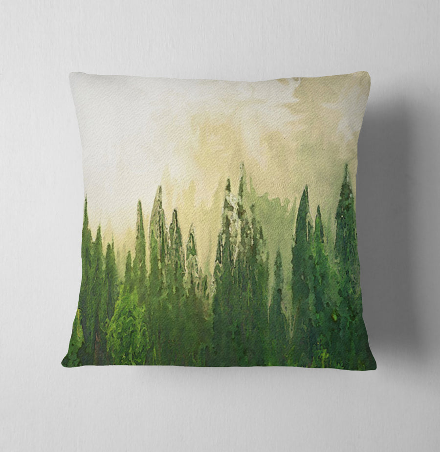 Green Pine Forest Watercolor Landscape Throw Pillow Cover