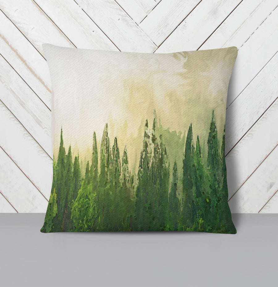 Green Pine Forest Watercolor Landscape Throw Pillow Cover