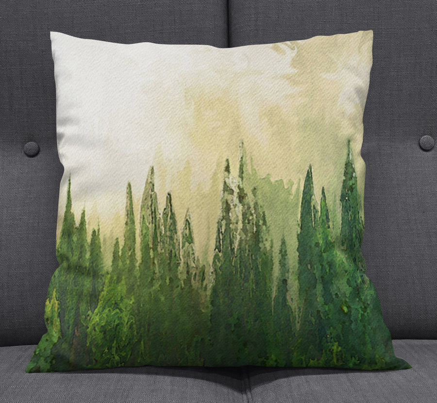 Green Pine Forest Watercolor Landscape Throw Pillow Cover