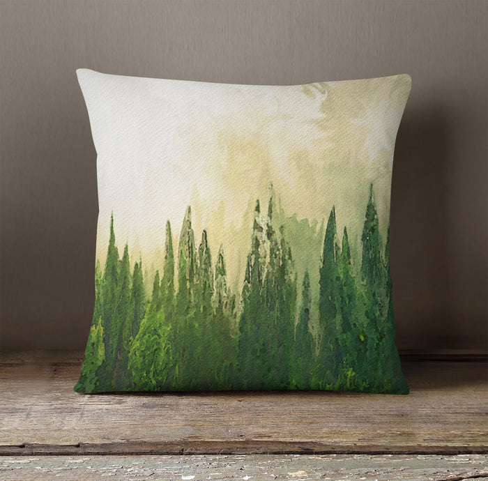 Green Pine Forest Watercolor Landscape Throw Pillow Cover