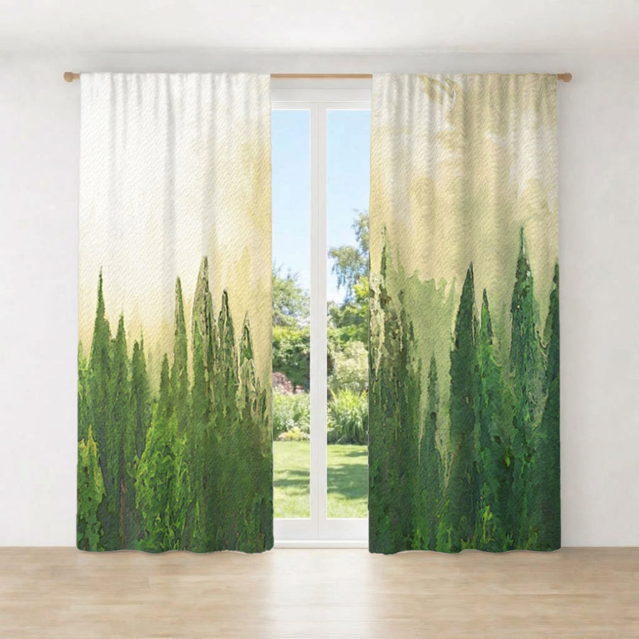 Green Pine Forest Watercolor Landscape Window Curtains
