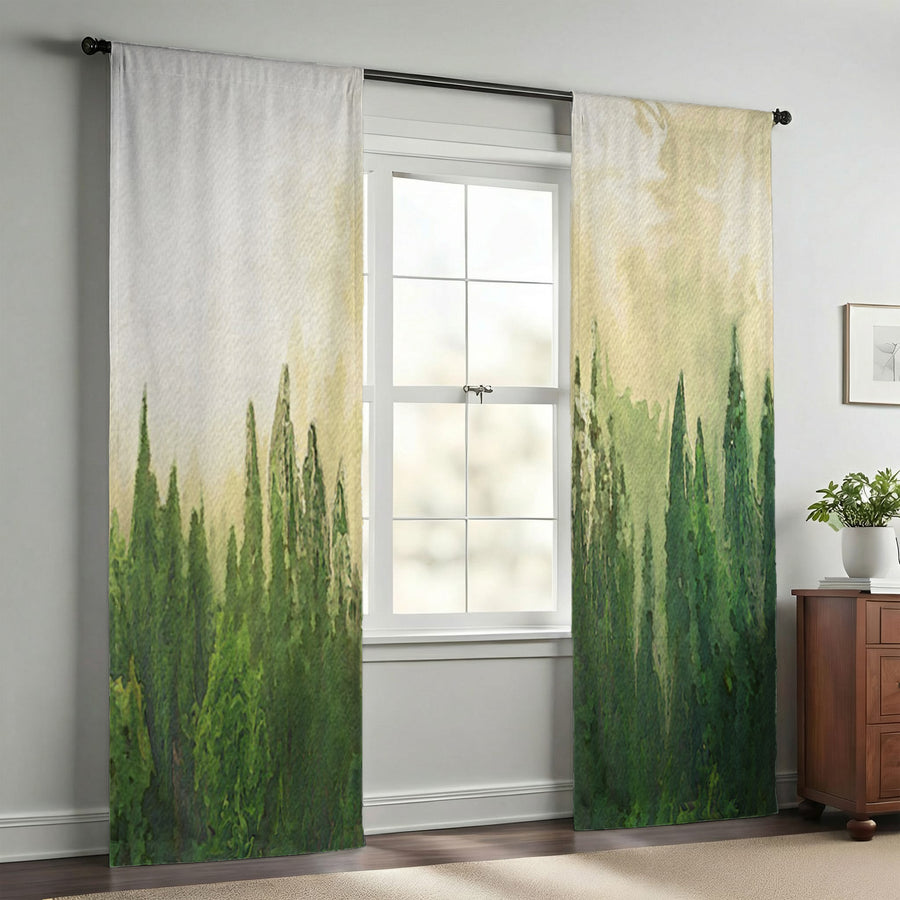 Green Pine Forest Watercolor Landscape Window Curtains