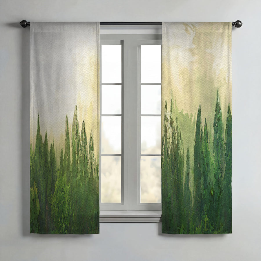 Green Pine Forest Watercolor Landscape Window Curtains