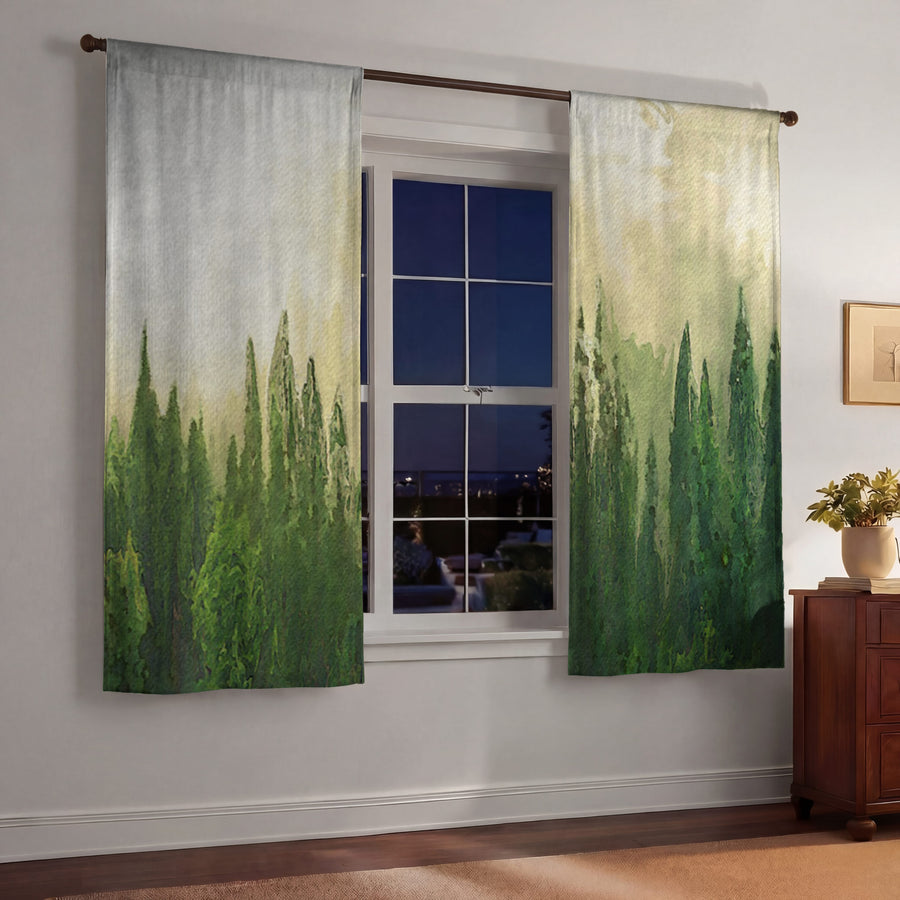 Green Pine Forest Watercolor Landscape Window Curtains