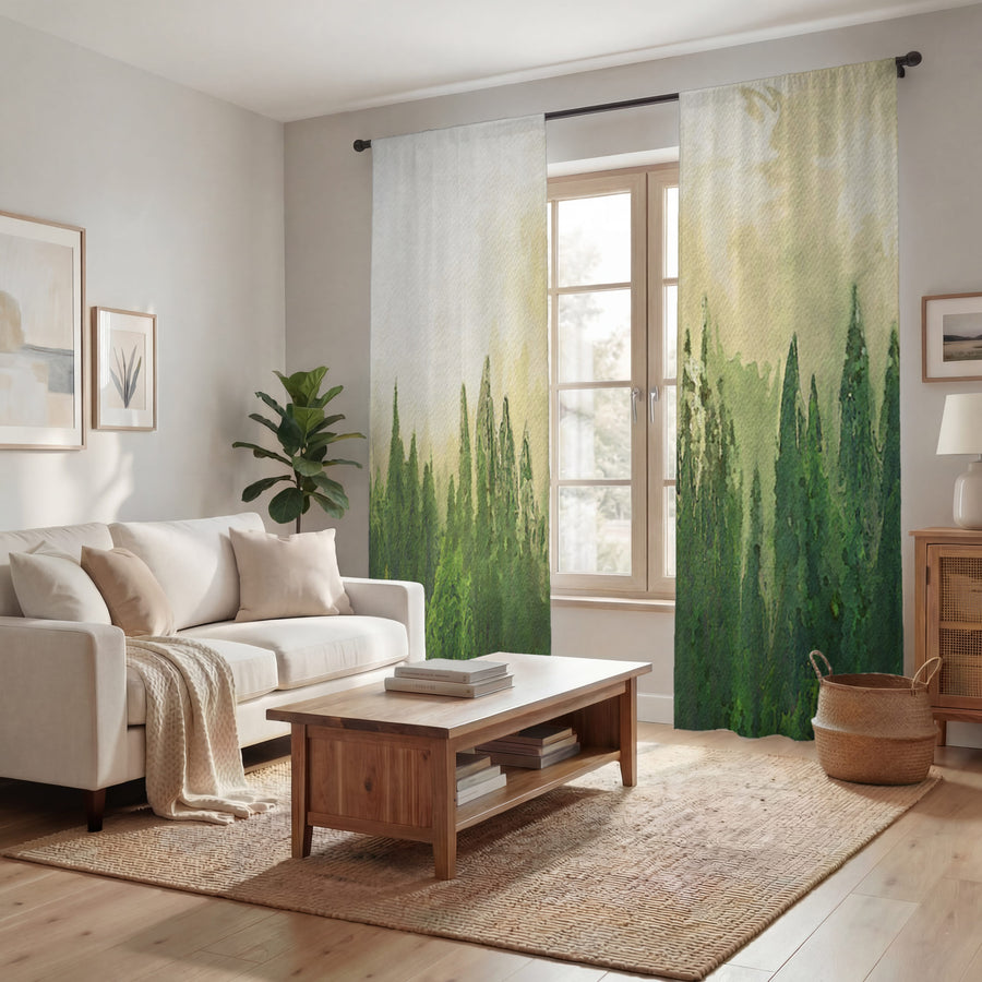 Green Pine Forest Watercolor Landscape Window Curtains