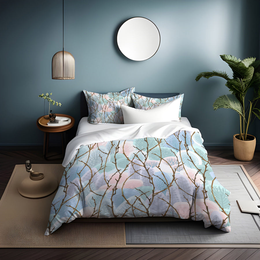 Pink Branch and Bird Botanical Pattern Duvet Cover