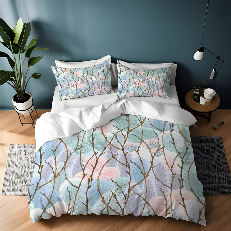 Pink Branch and Bird Botanical Pattern Duvet Cover