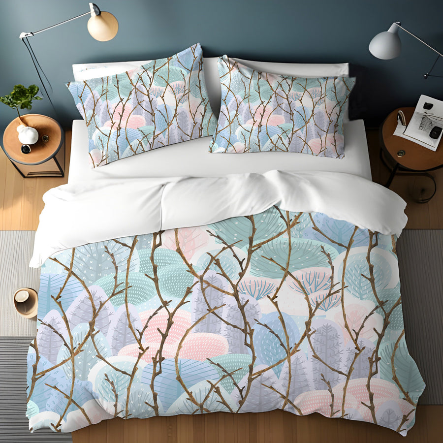Pink Branch and Bird Botanical Pattern Duvet Cover
