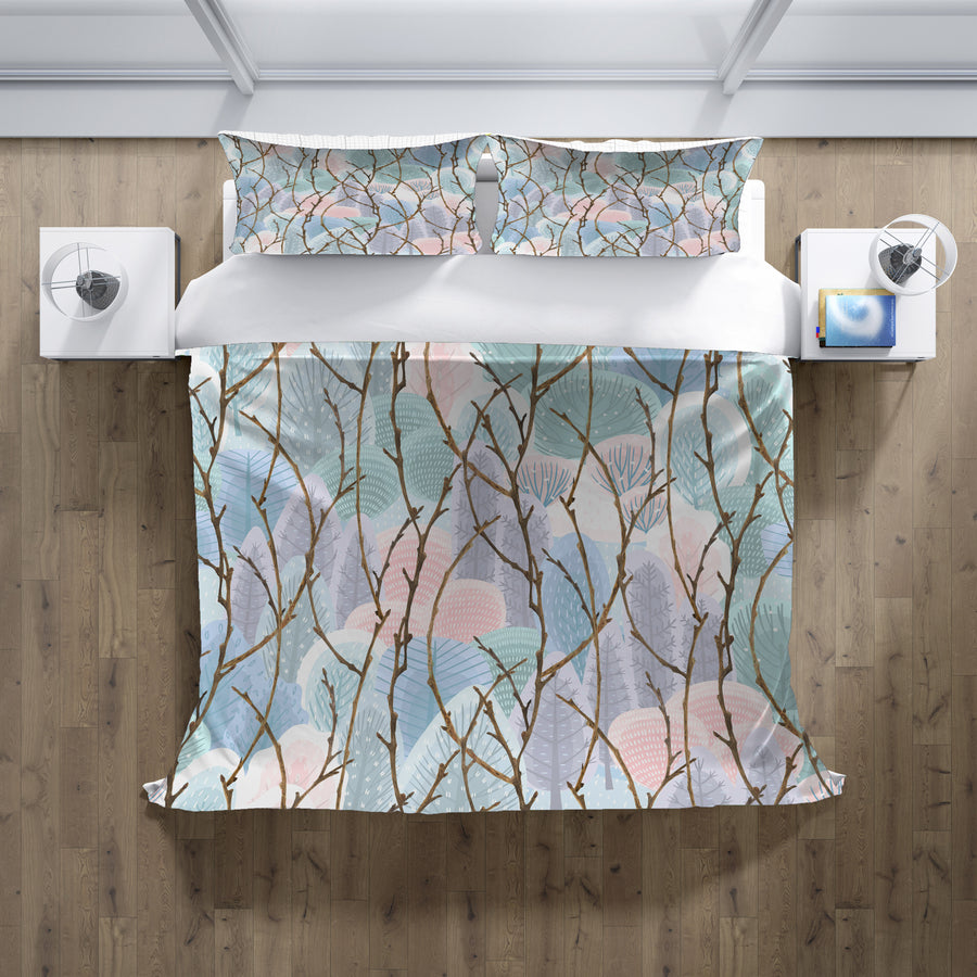 Pink Branch and Bird Botanical Pattern Duvet Cover