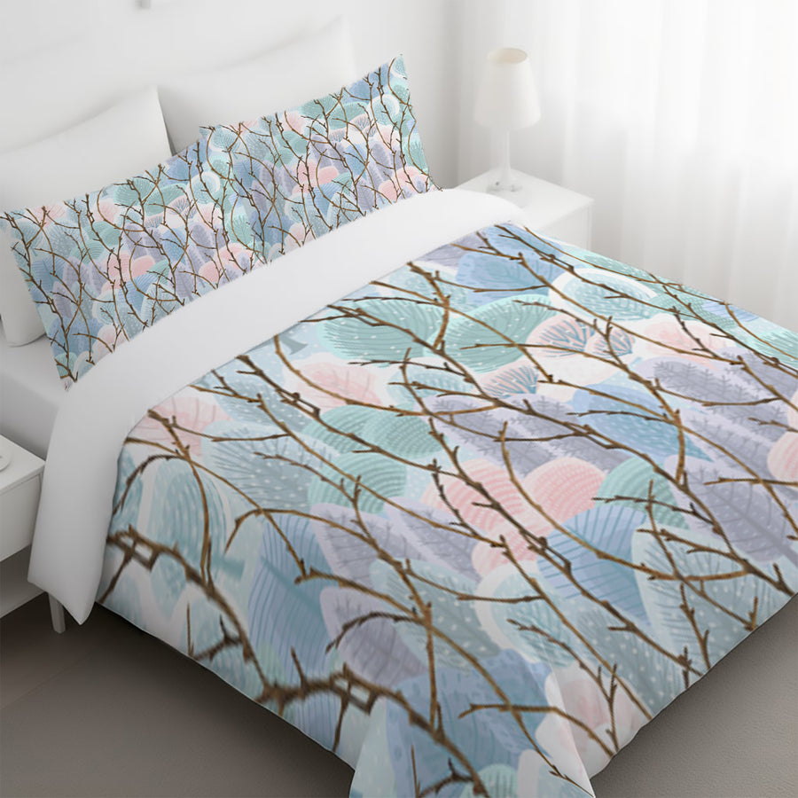 Pink Branch and Bird Botanical Pattern Duvet Cover