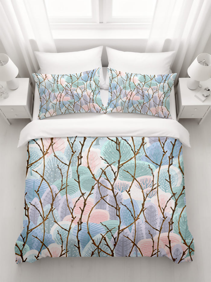 Pink Branch and Bird Botanical Pattern Duvet Cover