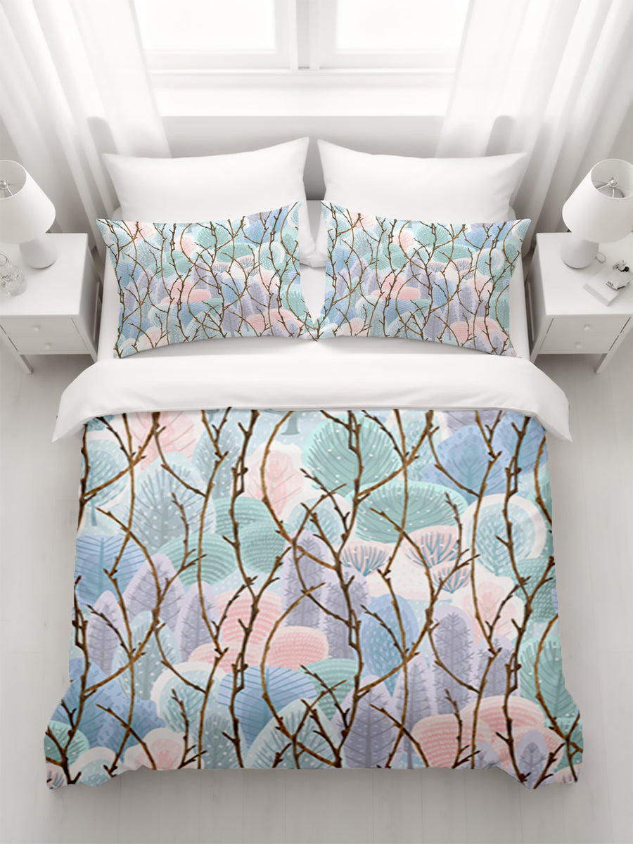 Pink Branch and Bird Botanical Pattern Duvet Cover