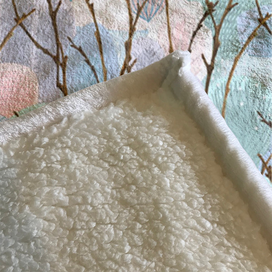 Pink Branch and Bird Botanical Pattern Fleece Sherpa Blanket