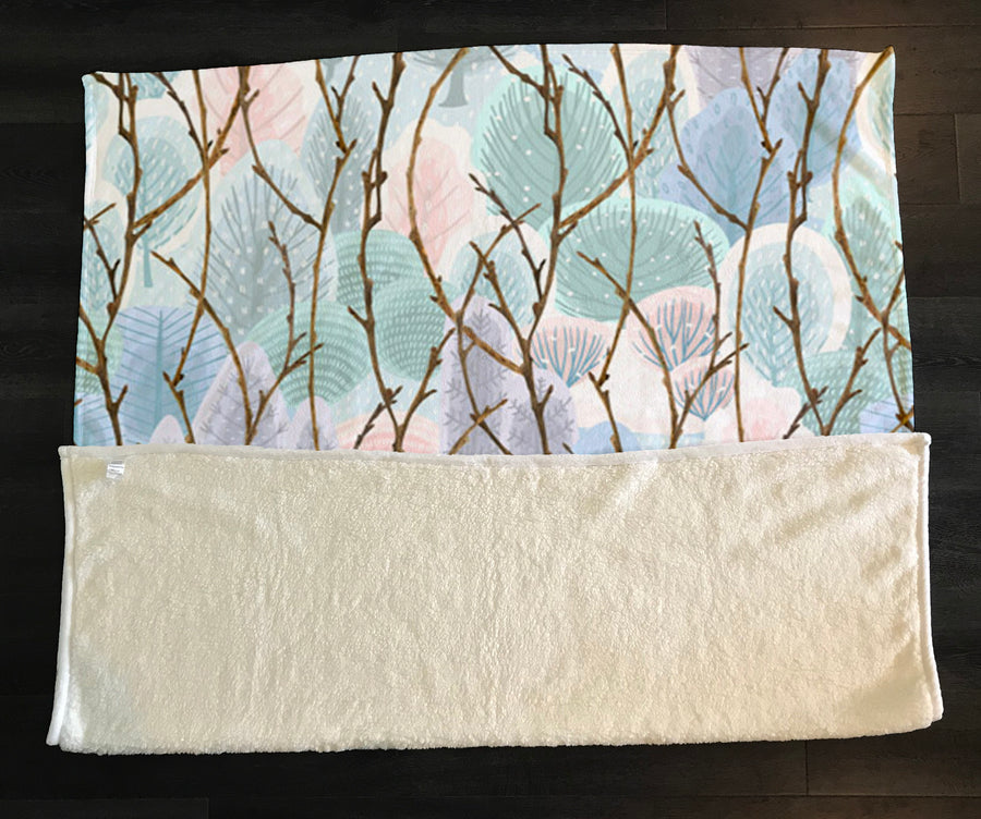 Pink Branch and Bird Botanical Pattern Fleece Sherpa Blanket